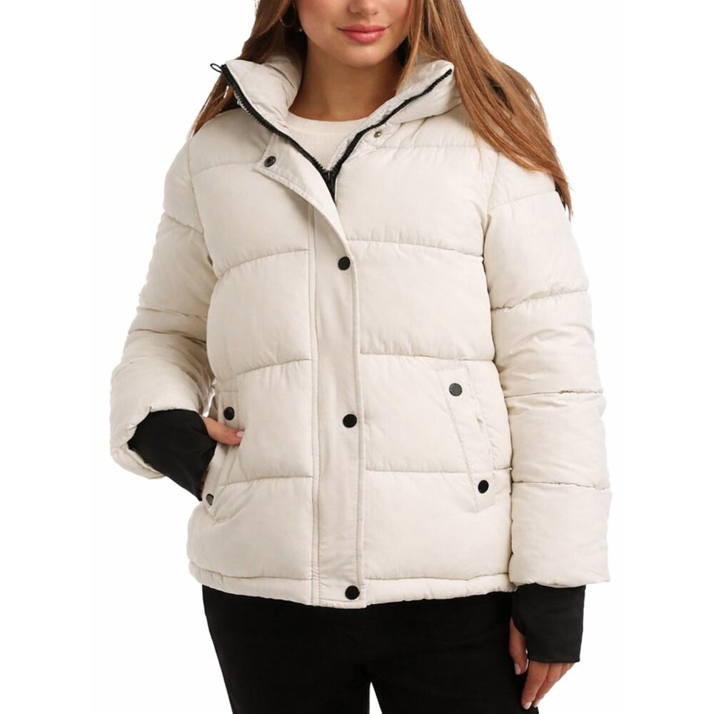 Steve Madden Womens Quilted Hooded Puffer Jacket Winter White Size S.